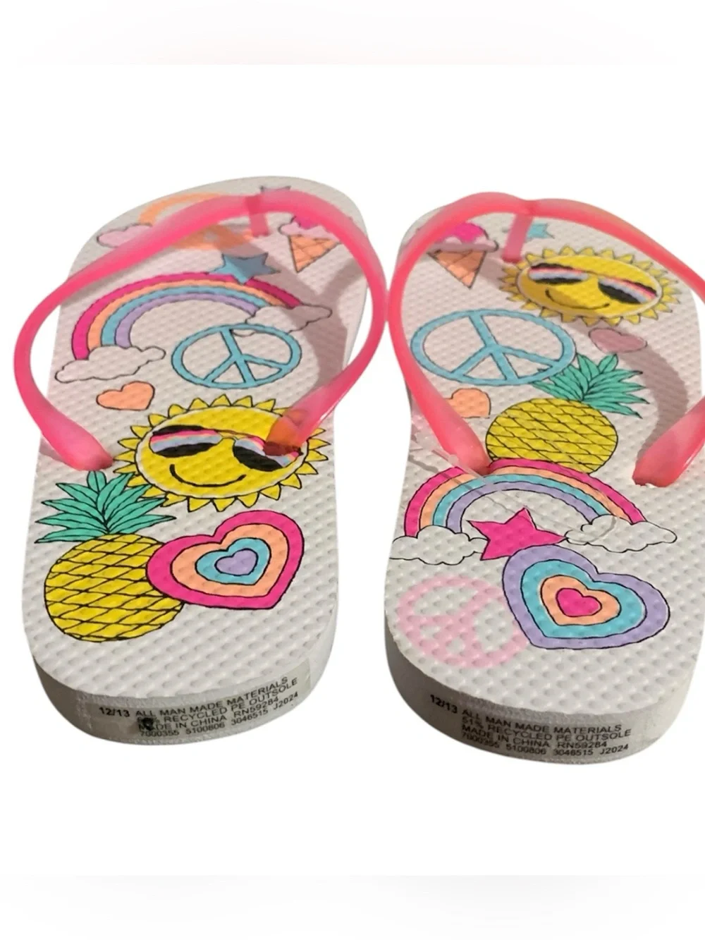 The Children's Place Pink Strap Flip Flops with Sun & Pineapple Print Girl 12/13